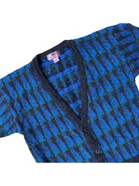 Vintage Cardigan Sweater XL Blue Black Concrete Mix 1980s Hong Kong Geometric